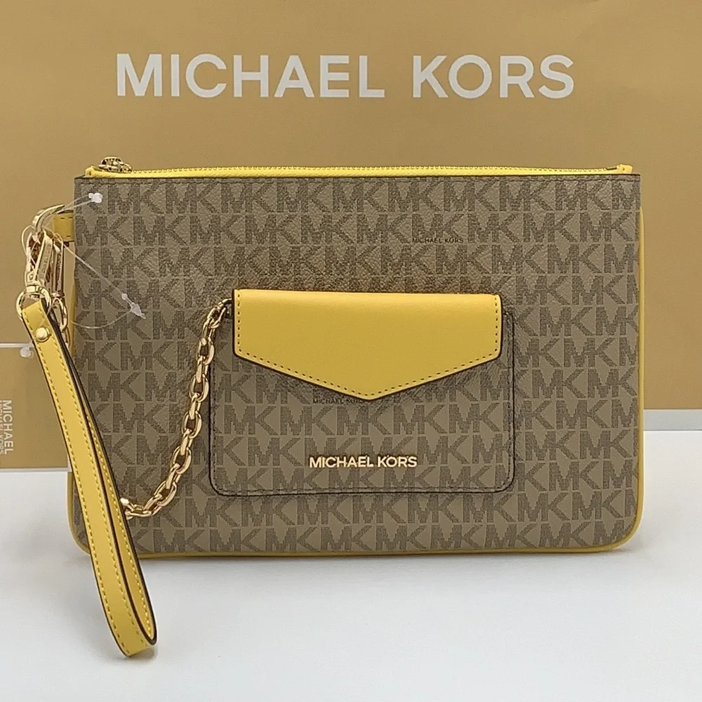 Michael Kors Jet Set LG 2 in 1 card case wristlet Wallet DAFFODIL SIGNAT…